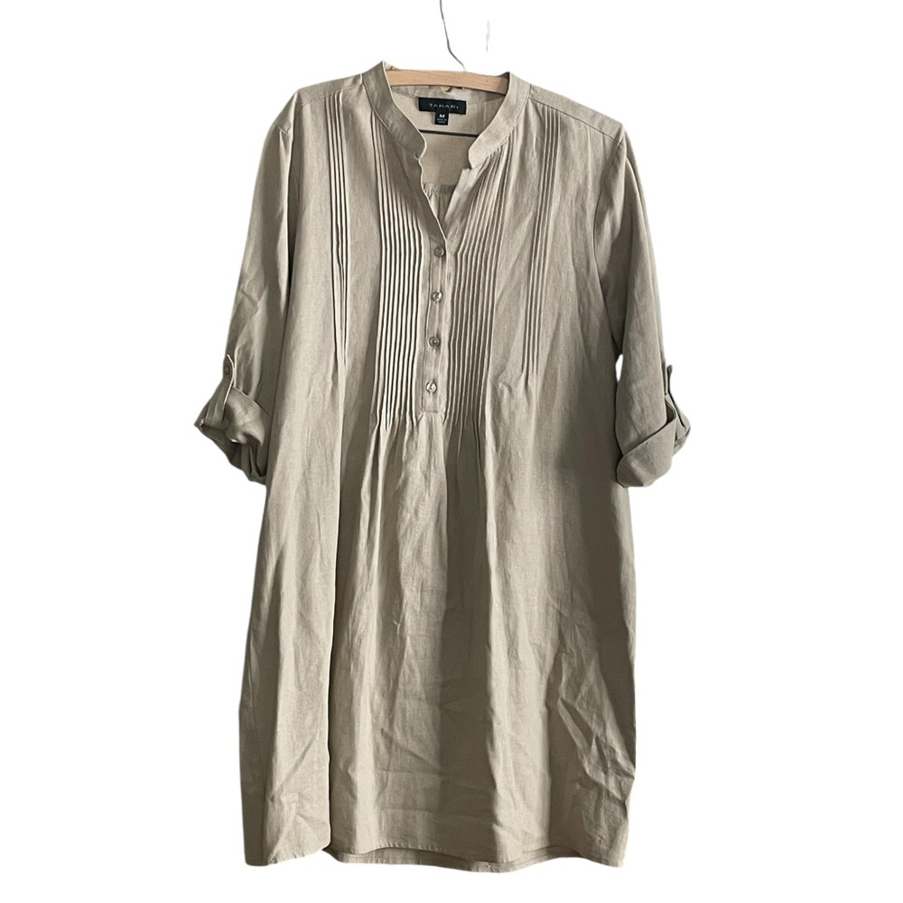 Tahari Pintuck Beige Linen Blend Tunic Dress Size Medium